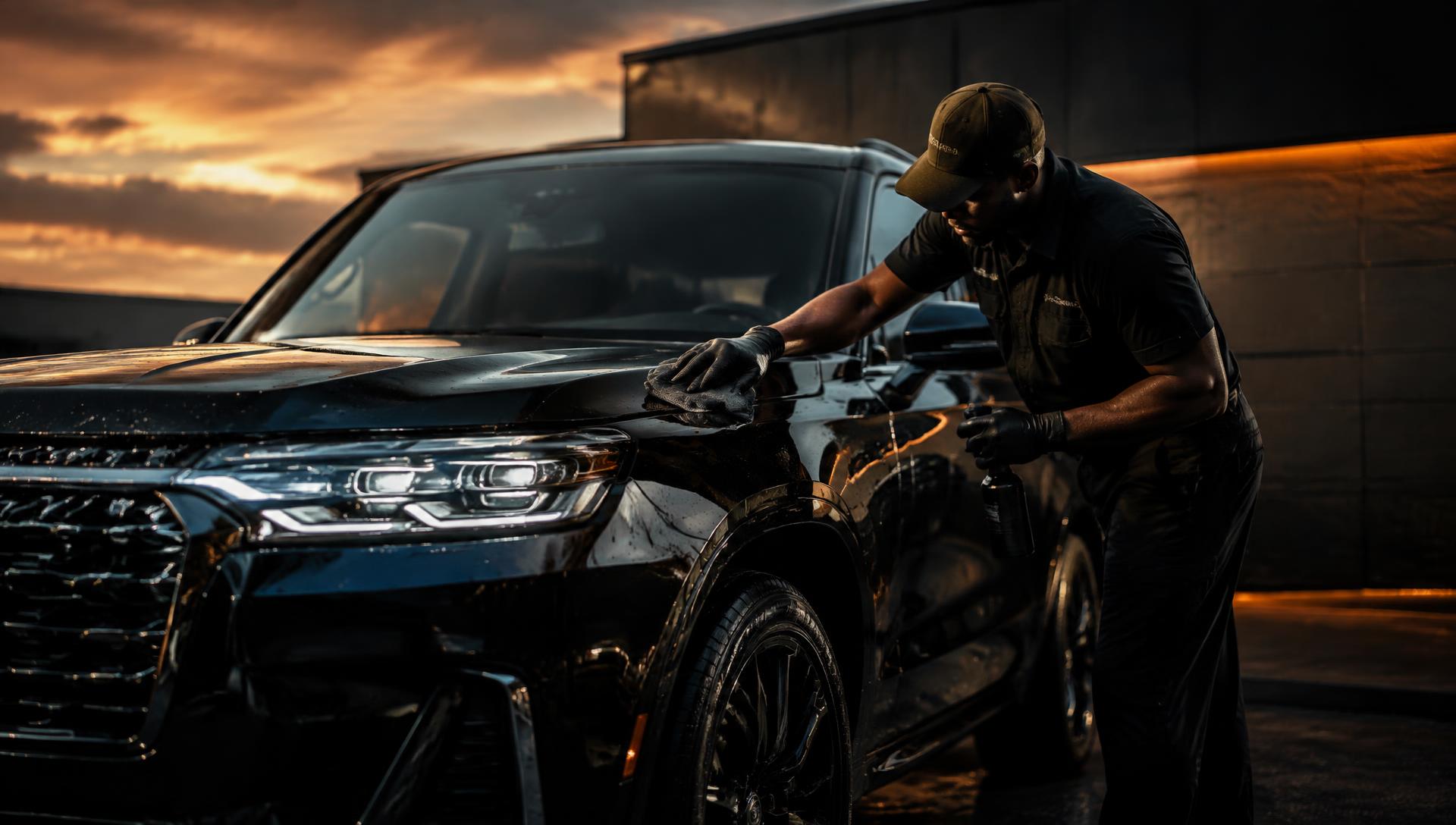 Detailer polishing a black SUV at dusk